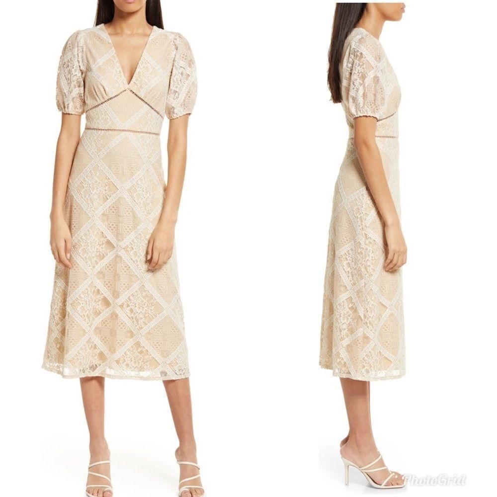 Revolve NSR Puff Sleeve Nude Tan White Cream Floral Lace Dress